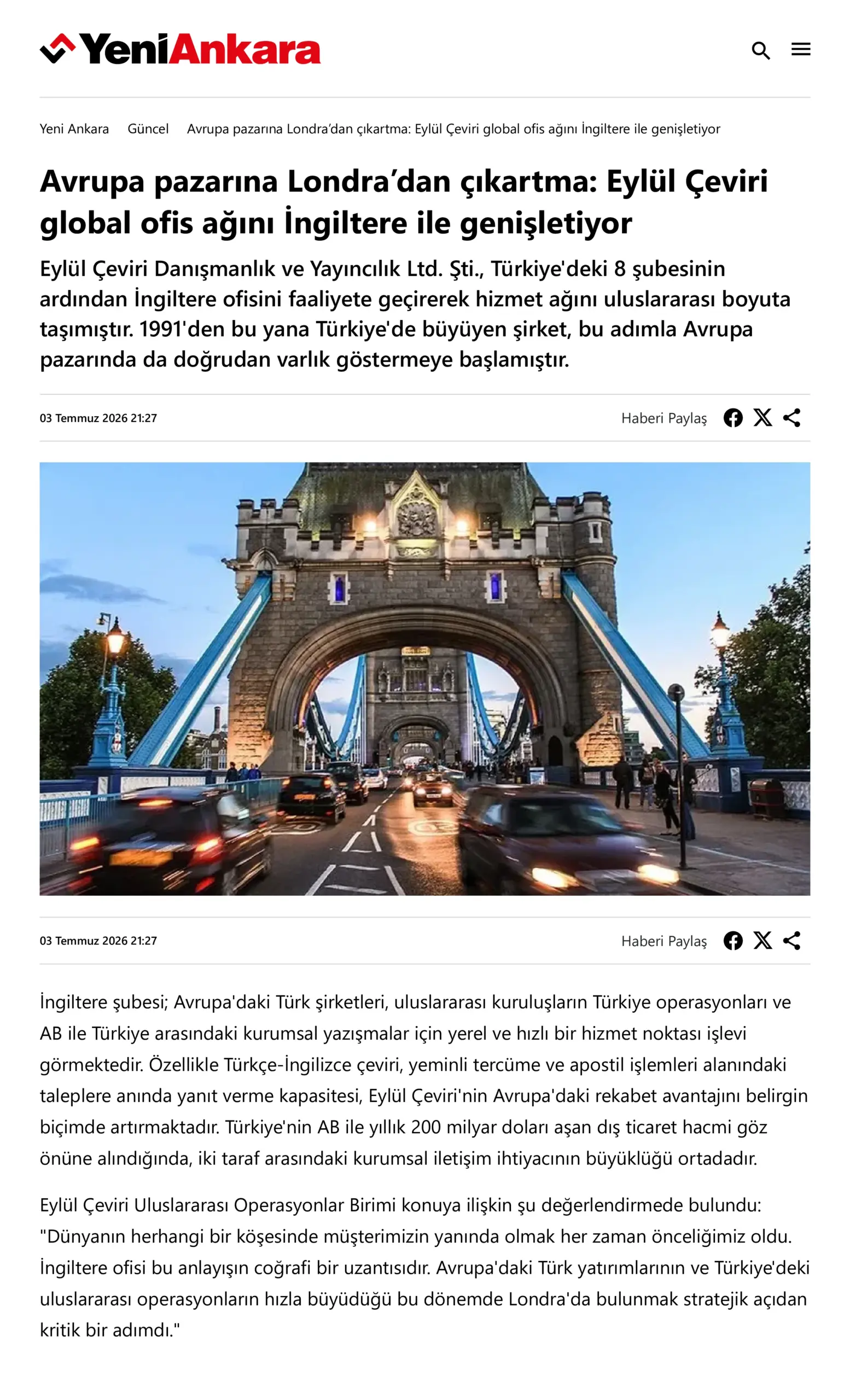 Avrupa pazarına Londra’dan çıkartma_ Eylül Çeviri global ofis ağını İngiltere ile genişletiyor