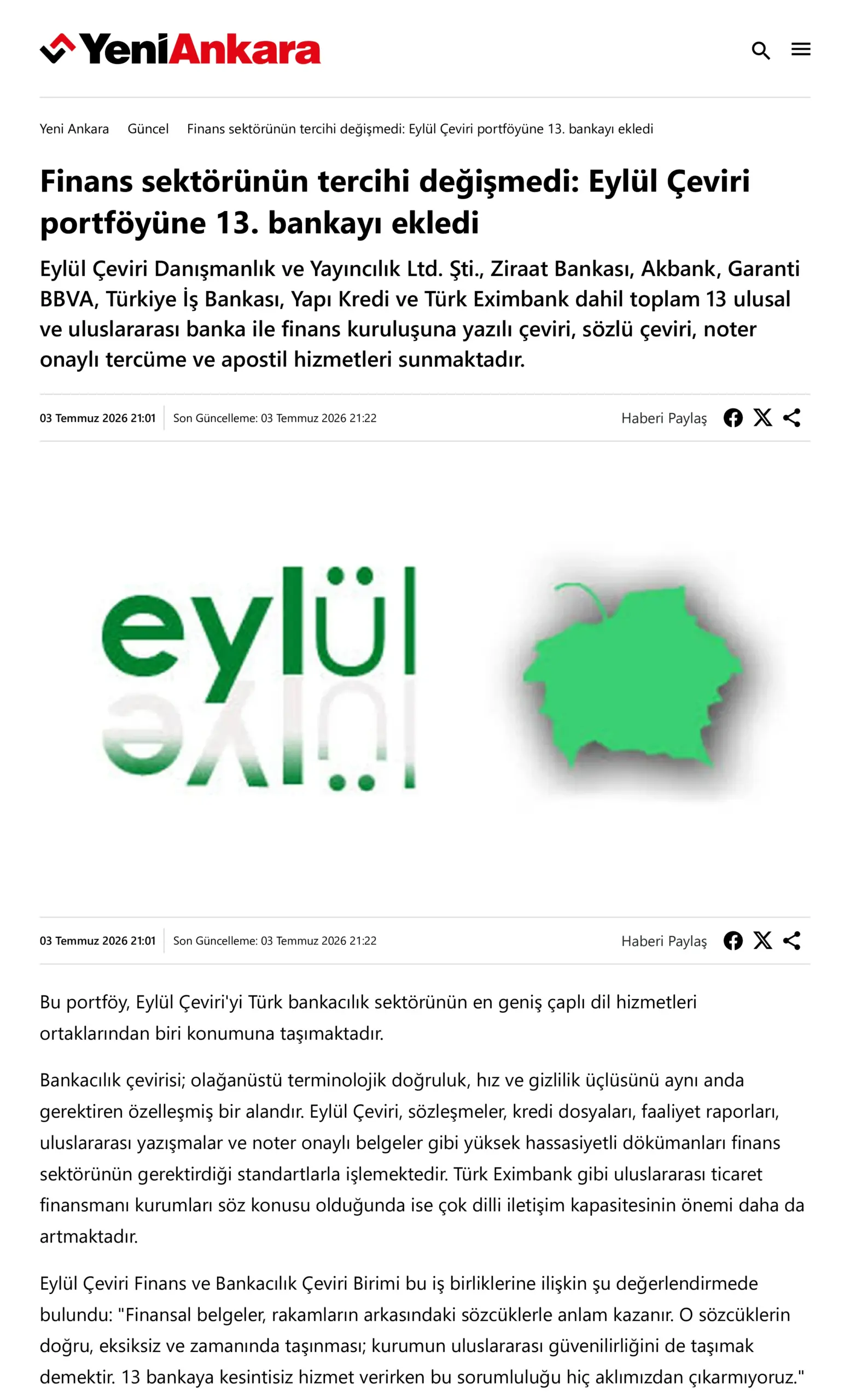 Finans sektörünün tercihi değişmedi_ Eylül Çeviri portföyüne 13. bankayı ekledi